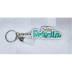 Llavero MDF Seño Nombre Relieve Pintado Borla
