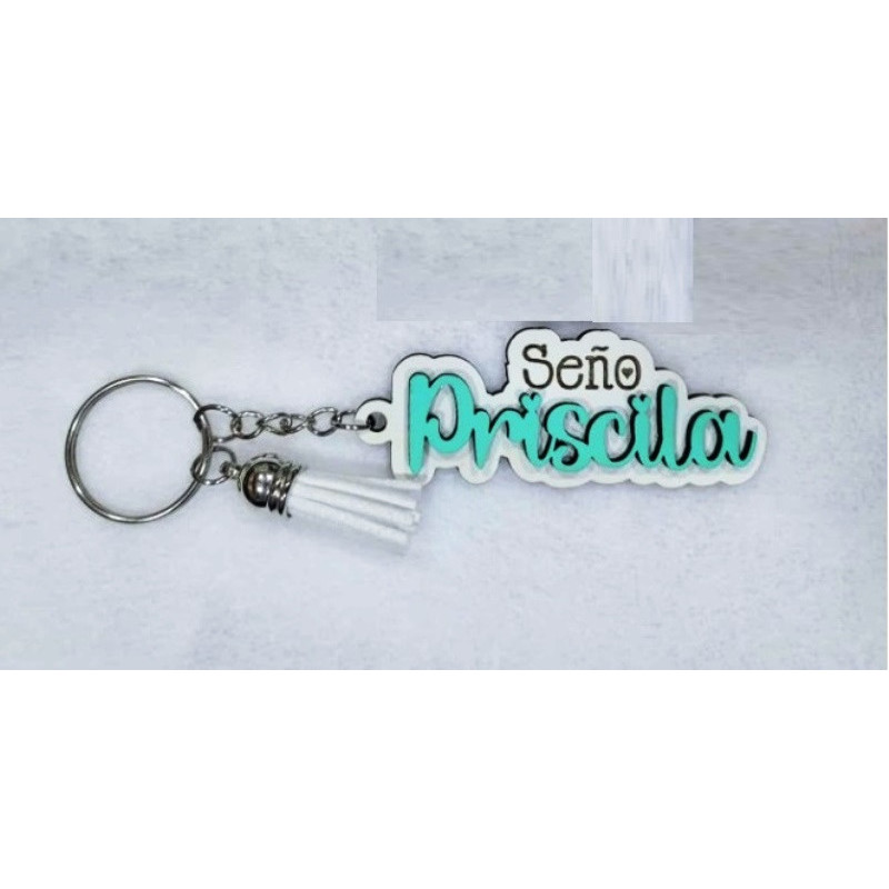 Llavero MDF Seño Nombre Relieve Pintado Borla