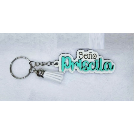Llavero MDF Seño Nombre Relieve Pintado Borla