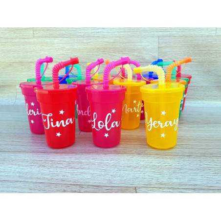 Vaso Plástico Nombre Tapa Cañita Pitillo Colores